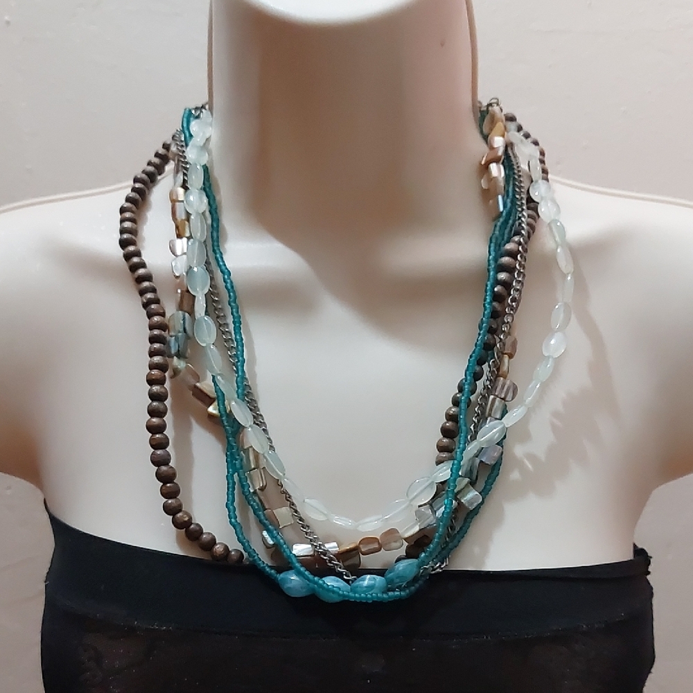 Mixed Media Wood Plastic MOP Shell Silver Tone Chain Multistrand Necklace